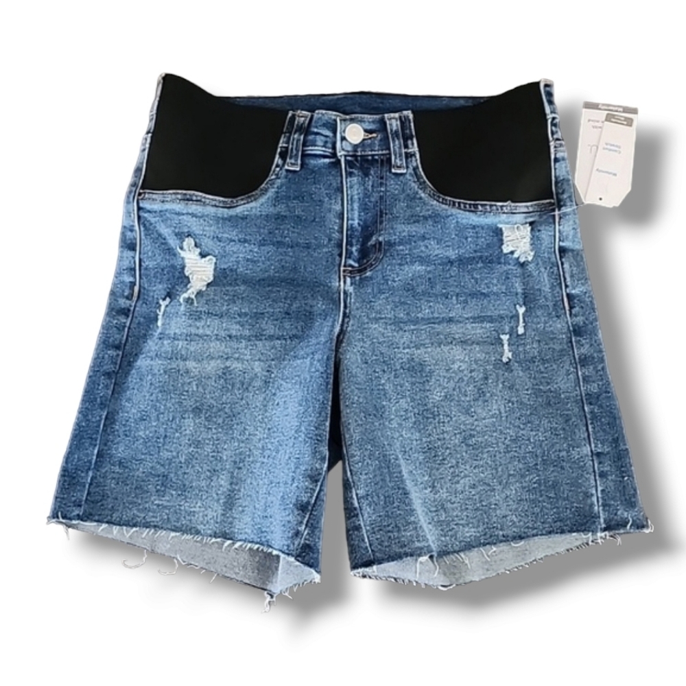 TIME AND TRU MATERNITY High Waisted Jean Shorts S 4 6 Ripped Bermuda Stretch - Picture 5 of 10